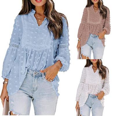 China Anti-Wrinkle Fashion V-Neck Ruffle Designer Lace Chiffon Long Sleeve Tops Plus Size Elegant White Women's Ladies Blouses for sale