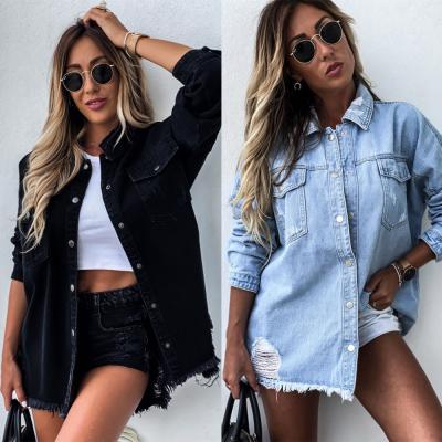 China Anti-Wrinkle Women's Bat Wing Sleeves Friend Distressed Ripped Denim Jean Shirts Jacket for sale