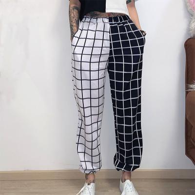 China Anti-wrinkle Fashion Contrast Plaid Black White Grid Casual Womens Trousers Cargo Pants Ladies for sale