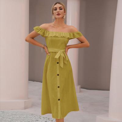 China New High-waisted Tube Top Mid Length Dress One-Shoulder Waist-Strap Breathable Ruffled Midi Casual Dress for sale