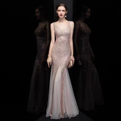 China New Breathable Plus Size V-Neck Sequin Dress Women Long Prom Party Sexy Prom Dress Women's Even Dress for sale