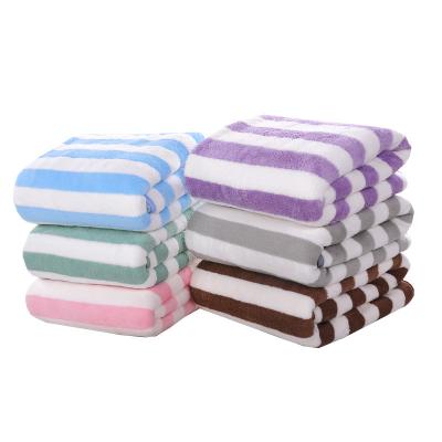 China Viable Wholesale Custom Striped Coral Velvet Bath Towel Super Soft Absorbent Quick Dry Beach Towel for sale