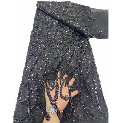 China High quality black sequin beads lace fabric african lace fabric with beads for designer halloween party dress for sale