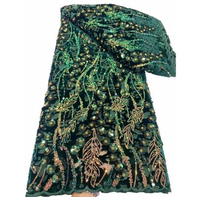 China Africa embroidery Green Sequin Beaded Net French Lace Fabric Nigerian Wedding Party Sequin African Hand Cut Hole Velvet Lace for sale