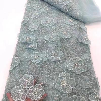 China Luxury Bridal High Quality 3D Lace with Handmade French Net Lace Fabric Heavy Beaded Wedding Lace Fabric 5 Yards for Dress for sale