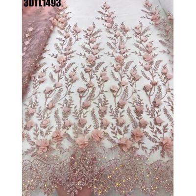 China Beautiful 3D flower glitter lace Pink French bridal wedding dress Turkish embroidered flower tulle lace for evening dress fabric for sale