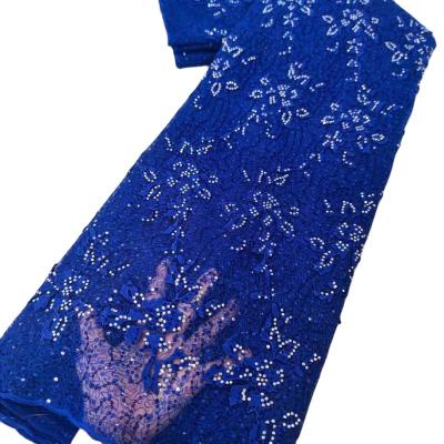 China Supoo Embroidery Tulle Lace Fabric Sequins French Tulle Lace Fabric for Wedding Evening Dress Navy Blue Lace Fabric for sale