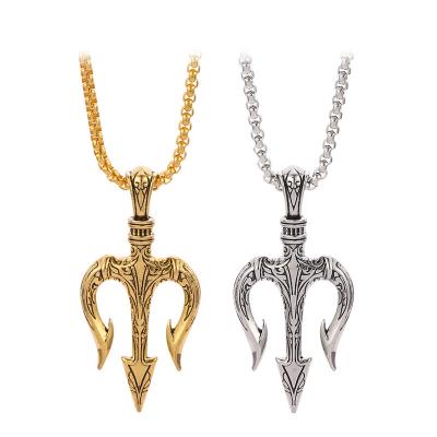 China Punk Hip Hop Necklace Gold Silver Color Personality Trident Metal Pendant Necklace Gift for Men Women for sale