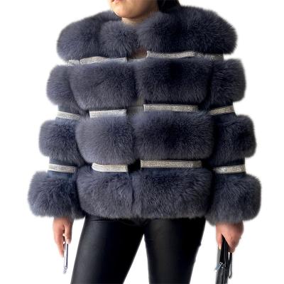 China 2022 Anti-wrinkle style hot women's clothing beautiful Crystal Diamond Decoration Female Fur Jacket high-end women's real fur coat for sale