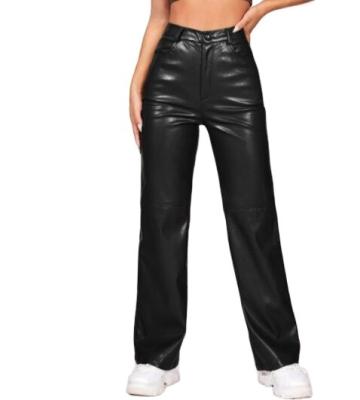 China Breathable Solid PU Leather Small Straight Leg Pants High Waist Cotton PU Glamorous Pants for sale