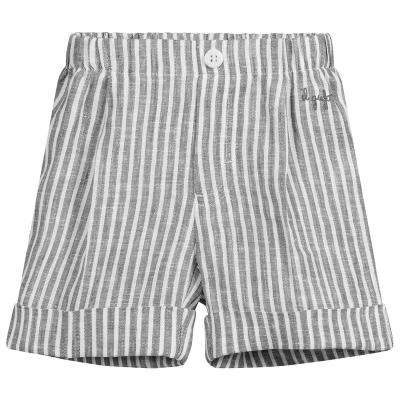 China Breathable soft gray striped canvas shorts with elastic waistband and faux button detail for sale