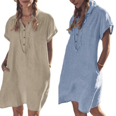 China Women's 100%Linen Breathable Casual Loose Dress Pocketed Beach Shirt Dress Manufacturer for sale