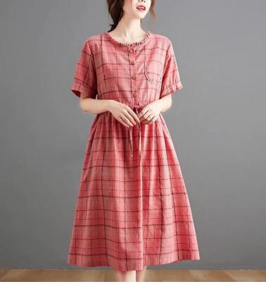 China Breathable Women Plaid Dress Linen Shorts Sheath Loose Cotton Linen Dress for sale