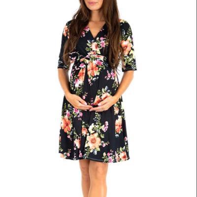 China Breathable Pleated Wave Maternity Dot Print Deep V Neck Nursing Dress Wave for sale