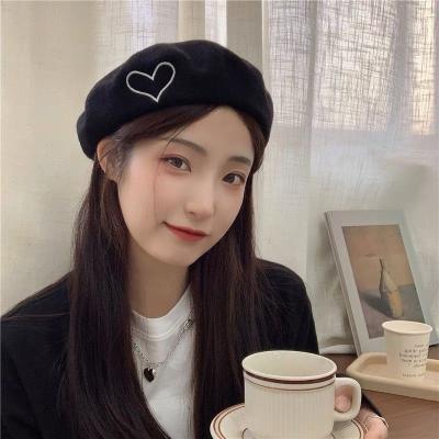 China Japan and Korean style a heartbeat | Retro embroidery Japanese beret love woolen autumn and winter flat surface temperament painter female net red hat for sale