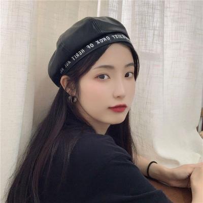 China Japan and Korean style of female autumn and winter retro street photo tide hat brand embroidery letter painter Hat British PU leather beret for sale