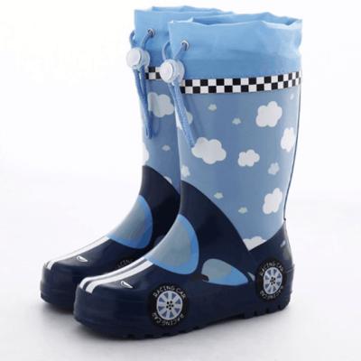 China Hot Selling Comfortable Children's Cartoon Rubber Boots With Drawstring Clouds And Cute Cars Print Non-slip Waterproof Kids Raining Boots for sale