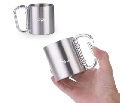 China Wholesalers 220ml 300ml travel stainless steel coffee mug carabiner stocked outdoor camping portable double wall mug with logo handle for sale