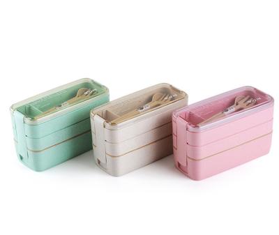 China Heatable Wheat Straw Leak-Proof Plastic 3 Layer Disposable Food Bento Container School Kids Lunch Box With Cutlery for sale