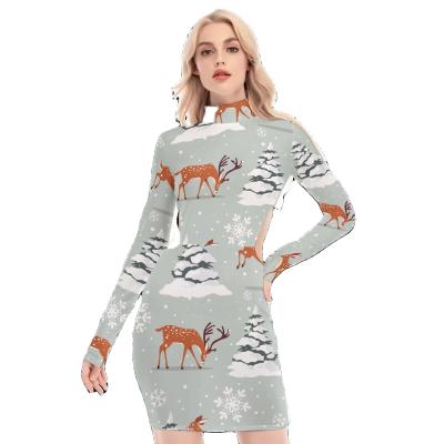 China Anti-static All Over High-Necked Women's Waist Hollow Hip Print Long Sleeve Dress for sale