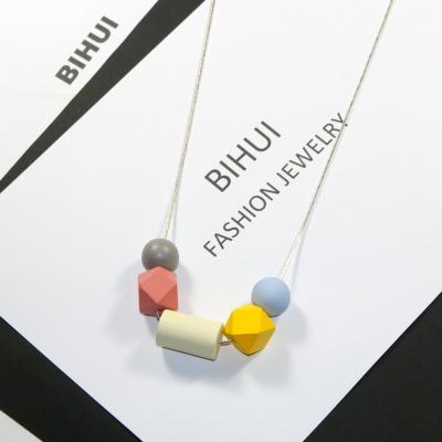 China 2022 TRENDY New Fashion Color Geometric Wood Beads Square White Plating Gold Sharpening Long Chain Necklace For Women Wholesale Fast Ship for sale