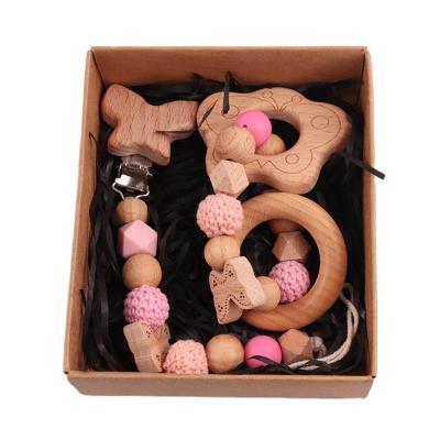 China Soft Toy Hot Sale Food Grade Silicone Beads Plug Clip Pacifier Chain Baby Wooden Bead Teething Ring Babies Teether Toy Set for sale