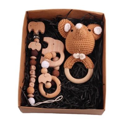 China Toy Wholesale Soft Wooden Rattle Crochet Animal Newborn Knitting Teether Ring Baby Chew Wood Toy Newborn Baby Gift Set for sale