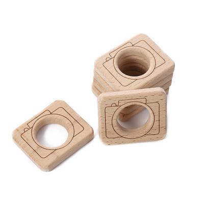 China Soft BPA Free Wooden Toy Camera Baby Teether Chew Toy Ring Babywearing Necklace Charm Laser Engraving Wooden Baby Camera Teether for sale