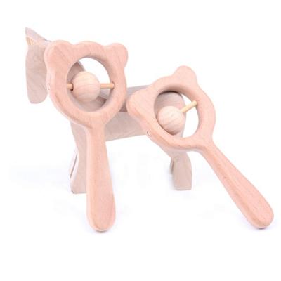 China Toy Bear Shaped Rattle Wooden Soft Beech Teething Natural Wooden Baby Beech Rattle for sale