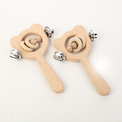 China Popular Cute Wooden Animal Rattle STUFFED Bear Ring Toy Baby Organic Wood Rattle Teething Toys For Newborn Baby for sale