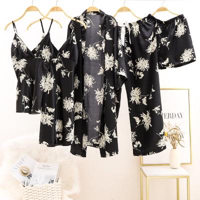 China 2021 QUICK DRY New Flower Printing Women Stain Pajamas Long Robe 5pcs Sets In 1 Set for sale