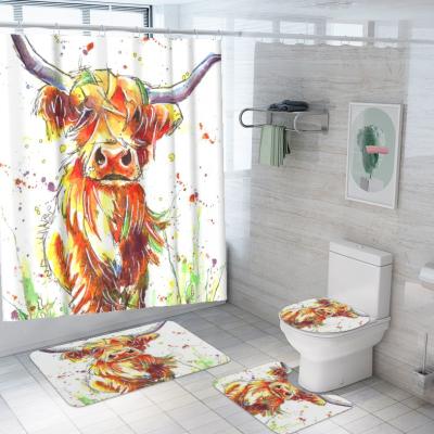 China Sustainable 3D Painted Cow Pattern Print Designer Inspired Shower Curtain Set Waterproof Hotel Shower Curtain for sale