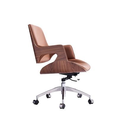 China (Height)Adjustable Office Rotating Office Wood Chair Leather Indoor Chair With Aluminum Base Back Wooden Swivel Chair for sale