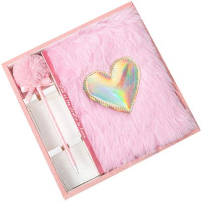 China Hot Selling Hardcover Girls Stationery Gift Pink Heart Plush Notebook Loving Book With Pen Notebook Gift Box Set for sale