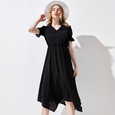 China 2021 Summer Anti-wrinkle JAZZEVAR Petal-sheathed V-Neckline Black Short Sleeve Mid Length Dress For Girls Irregular Edge 96110 for sale