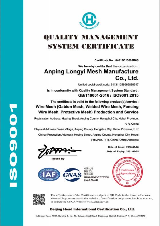 ISO9001 - Anping County Longyi Mesh Manufacture Co., Ltd.