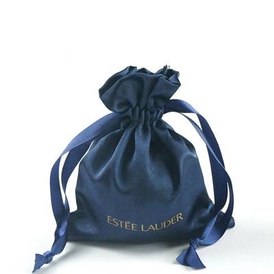 China Recyclable Wholesale Custom Logo Gold Printing Royal Blue Velvet Pouch Packing Small Drawstring Bag For Jewelry/Gift for sale