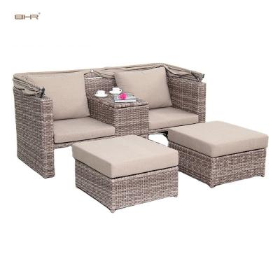 China kd modern outdoor daybed wicker round sofa lounge bed tent wicker garden with curtains gray poly rattan for sale