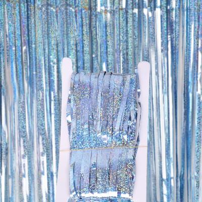 China Reusable Light Blue Tinsel Foil Fringe Curtain For Wedding Party Favor Decoration Metallic Curtains for sale