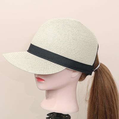 China AA023 Picture Girls Natural Travel Riding Peaked Straw Hat Adjustable Sunshade Beach Equestrian Ponytail Straw Hats for sale