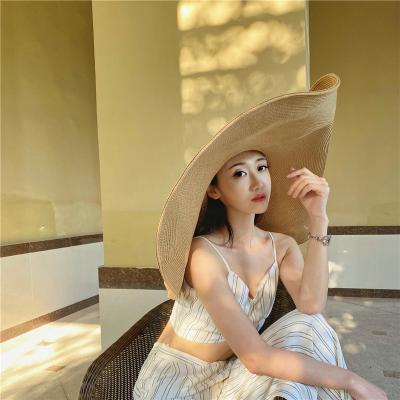 China Picture AA001 Large Beach Hats Women Summer Sun Hat Female Foldable Travel Sun Hat Seaside Wide Brim Lengthen 30cm Straw Hats for sale