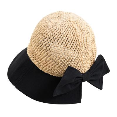 China I18 Fashion Sun Visor Hat Women Checked Hollow Summer Crochet Wide Brim Mesh Straw Hat Folding Straw Bowknot Hat Beach Travel Floppy Hat for sale