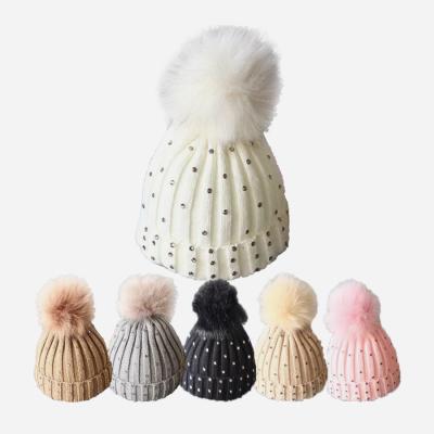 China DDA1098 Kid COMMON Soft Winter Warm Fleece Striped Fur Infant Beanie Chunky Hats Bling Rhinestone Baby Diamond Big Pom Pom Knit Hats for sale