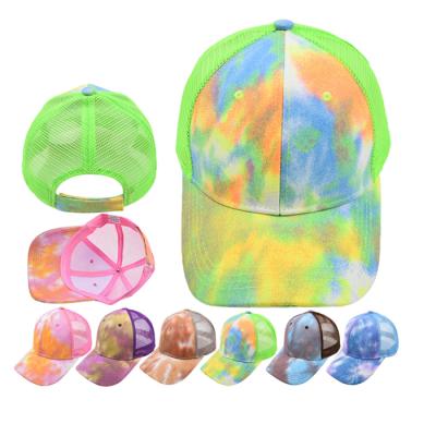 China AA061 Summer COMMON Beach Simple Sun Dad Hats Print Cotton Mesh Trucker Cap Unisex Colorful Rainbow Tie Dye Adjustable Baseball Caps for sale