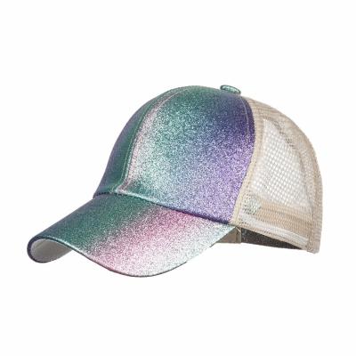 China Messy Shiny Mesh Cross Gradient Glitter Ponytail Hats Womens AA059 Bling Adjustable Hat COMMON Trucker Hat Bun Baseball Cap for sale