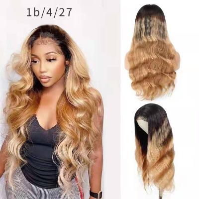 China Brown T Piece Ombre Body Wave 1b/27# Long Sheer Lace Accented Lace Front Wigs Body Wave Highlight Hair Wigs 10a for sale