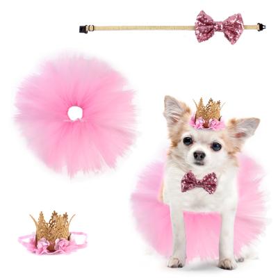 China Viable Supplies Decorations Birthday Party Dog Crown Hat Tutu Dress Pink Bow Necklace Set for sale