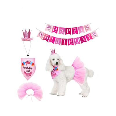 China Viable Puppy Cat Girl Pet Tutu Skirt Crown Hat Scarf Happy Birthday Banner Pink Dog Girl Birthday Outfit for sale