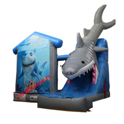 China 2021 PVC ocean theme big inflatable shark bouncy bouncer with slide, inflatable shark slide for sale for sale