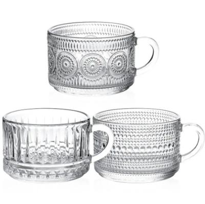 China Sustainable Vintage Glass Coffee Mugs Clear Breakfast Cups with Handle Stackable Embossed Glass Cups for sale